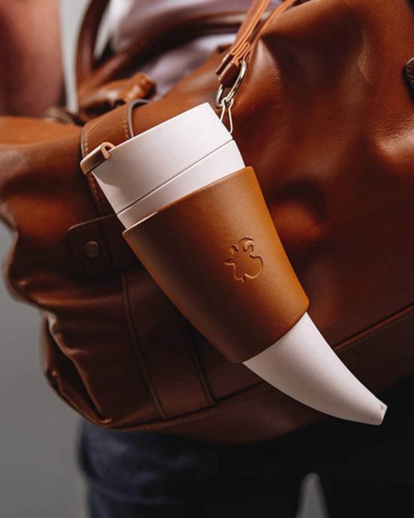 Coffee mug Brown real leather strapped on bag by GOAT STORY
